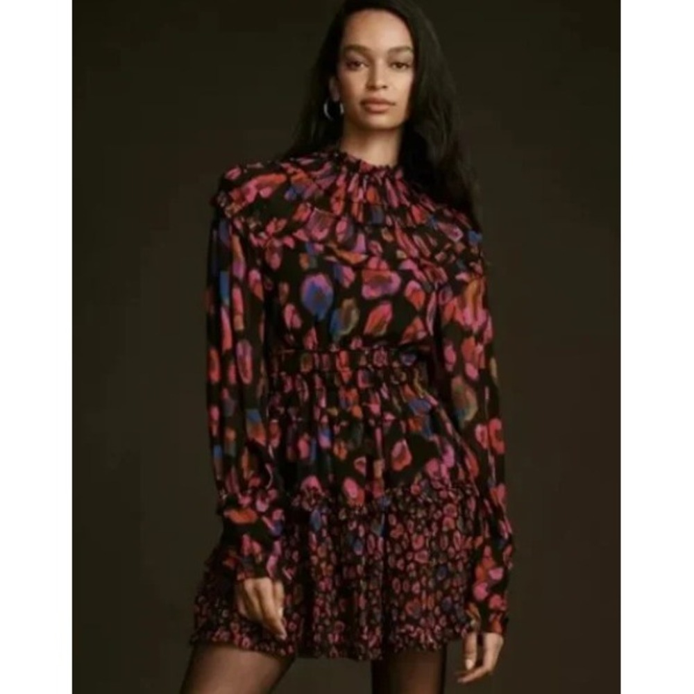 Farm Rio Iridescent Leopard Print Ruffle Long Sleeve‎ Dress Size XS